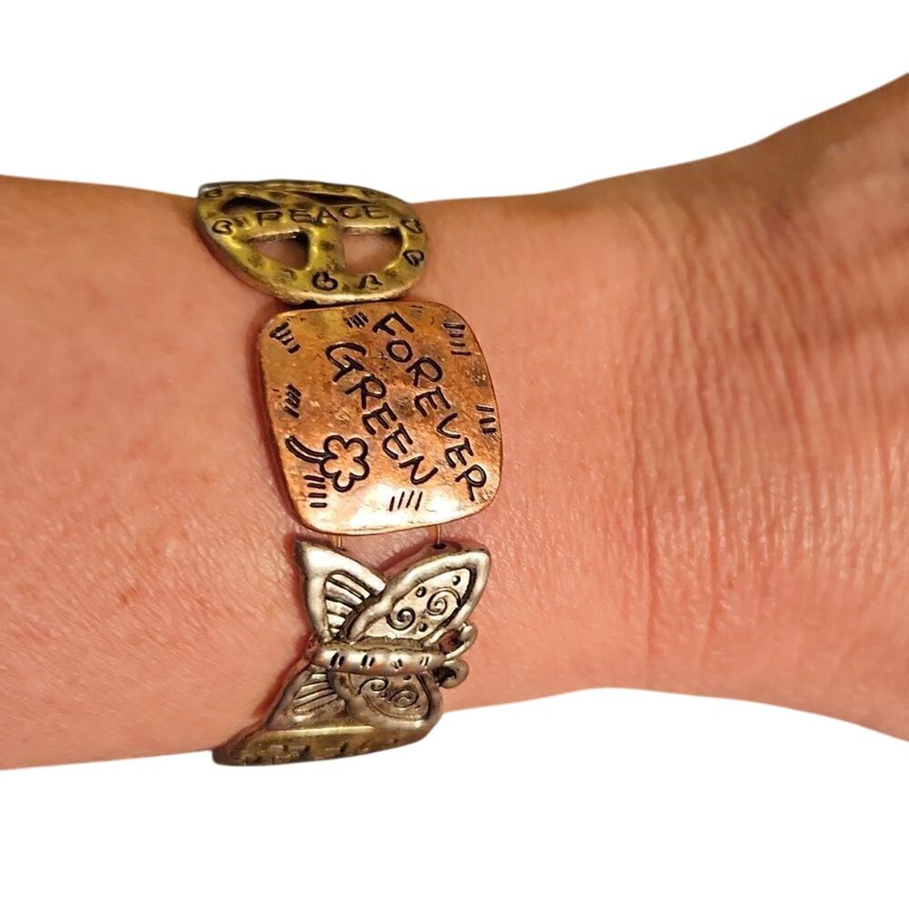 Multi tone metal bracelet, bohemian style with save the Earth phrases